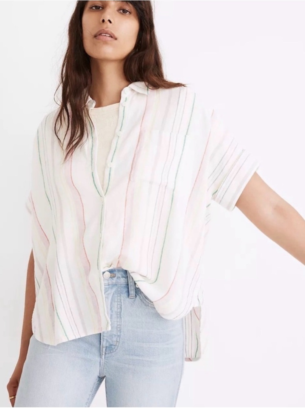 Madewell Pink and Green Striped Short-Sleeve Button-Down Shirt